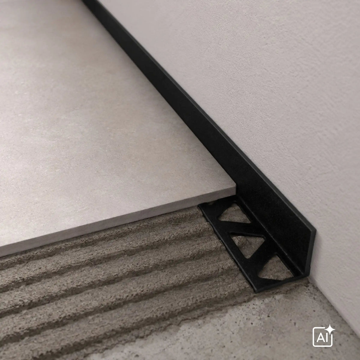 Ambientebild Aluminium Winkelprofil in der Farbe Basalt an grauen Fliesen verlegt #A0005616 #A0005615 #A0005617 #A0005618 #A0005614