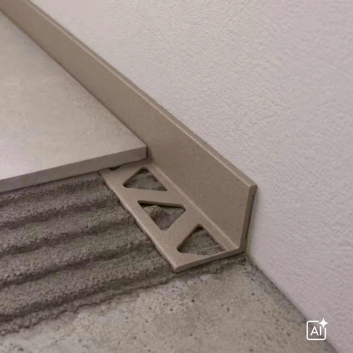 Ambientebild Aluminium Winkelprofil in der Farbe Sandstein an grauen Fliesen verlegt #A0005599 #A0005600 #A0005603 #A0005602 #A0005601