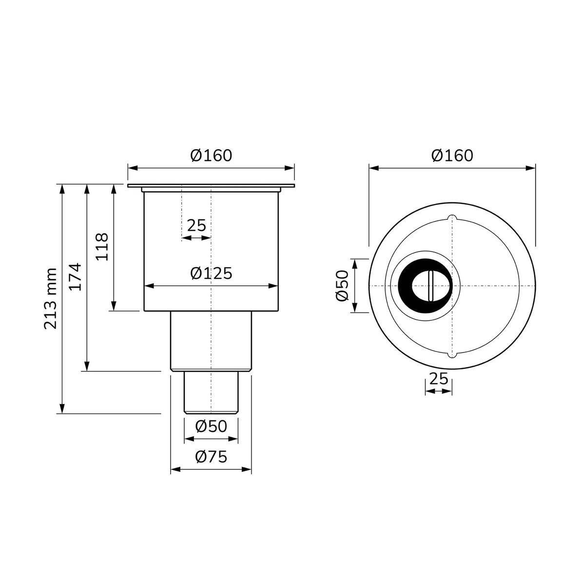 Dessin technique de l'évacuation verticale pour kits complets de caniveaux de douche raccourcissables