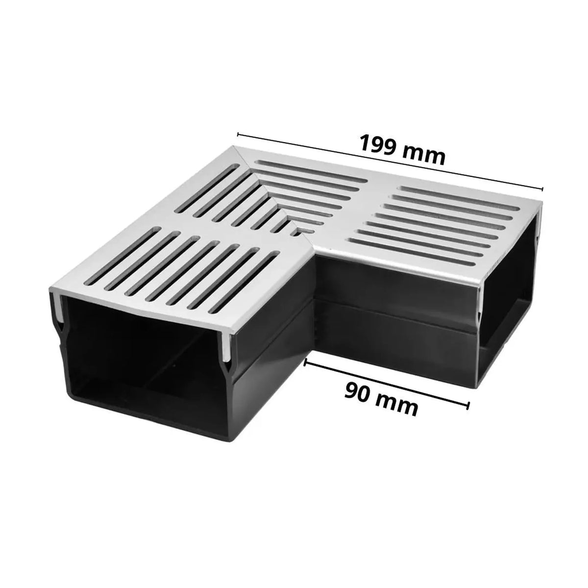 Bemaßtes Detailfoto des rechtwinkligen, flachen und breiten Eckstück UD Pro 100 mit silbernem Rost #A0003385