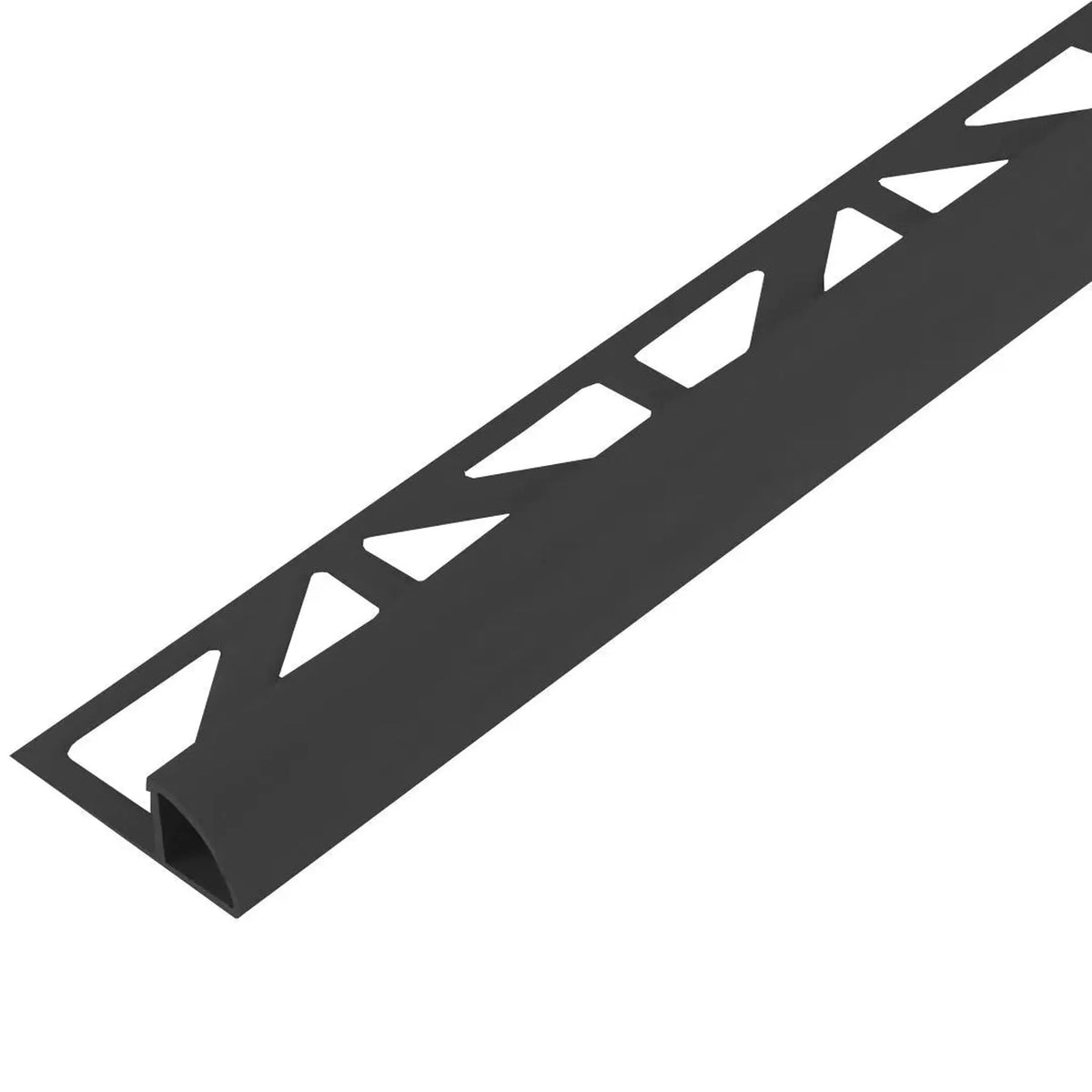Vue détaillée du profilé en quart de cercle DURAL en aluminium noir avec aspect mat et découpe triangulaire