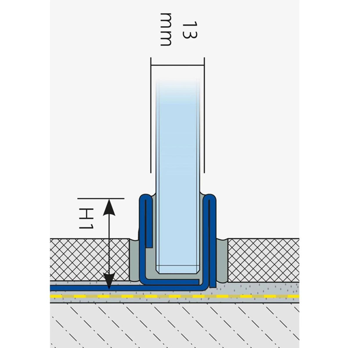 Two-dimensional drawing of the installed DURAL U profile for glass with 13 mm glass and marked height H1