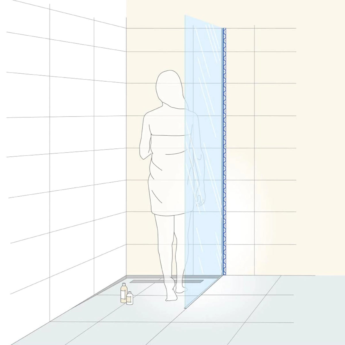 Illustration of the installed DURAL U profile for glass mounting with a woman standing in the shower cabin