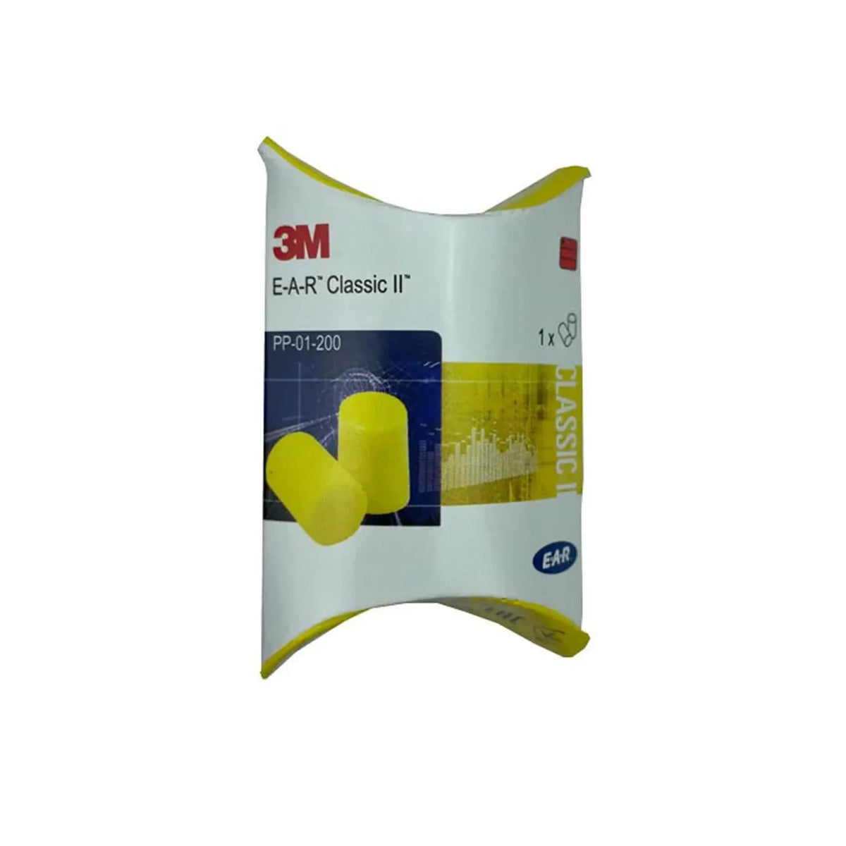 Verpackung aus bedruckter Kartonage mit zwei gelben Gehörschutzstöpseln