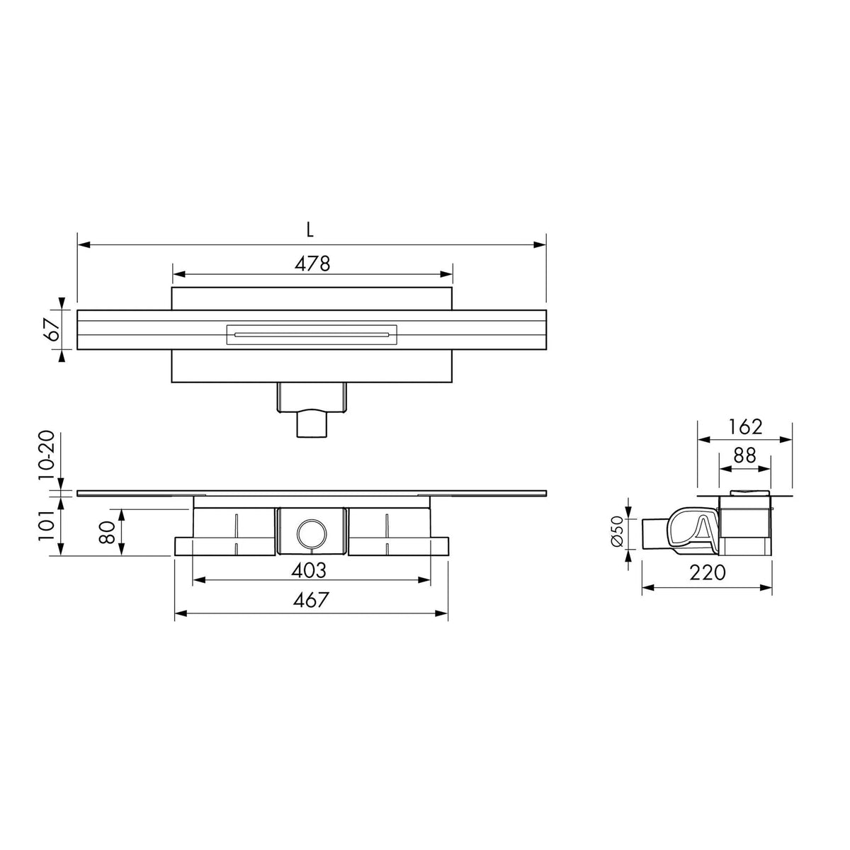 Dessin technique du kit complet de caniveau de douche raccourcissable pour raccordement mural avec 101 mm de hauteur d'encastrement. #A0005338
#A0005339
#A0005340
#A0005344
#A0005345
#A0005346
#A0005350
#A0005351
#A0005352