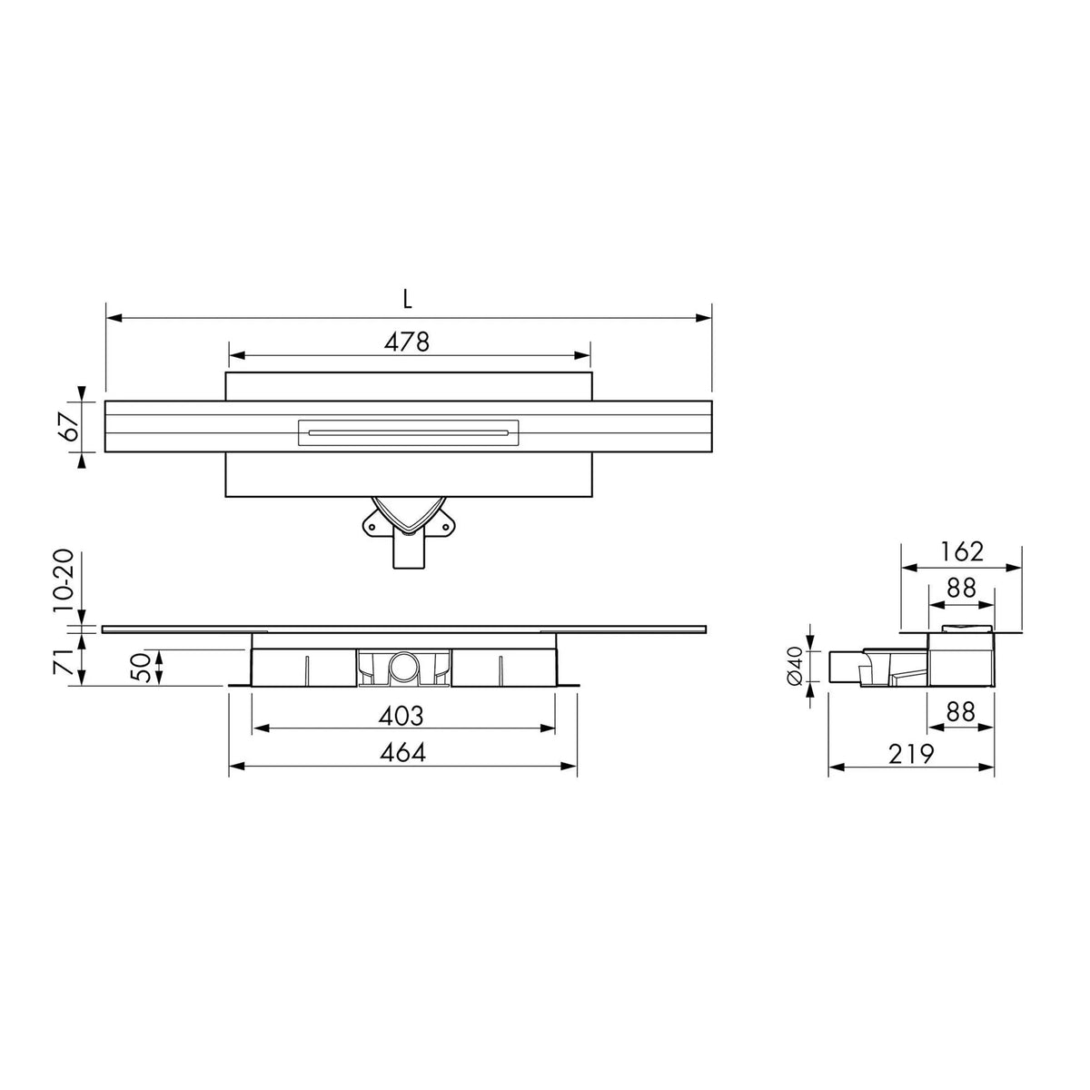 Dessin technique du kit complet de caniveau de douche raccourcissable pour raccordement mural avec 71 mm de hauteur d'encastrement. #A0005335
#A0005336
#A0005337
#A0005341
#A0005342
#A0005343
#A0005347
#A0005348
#A0005349