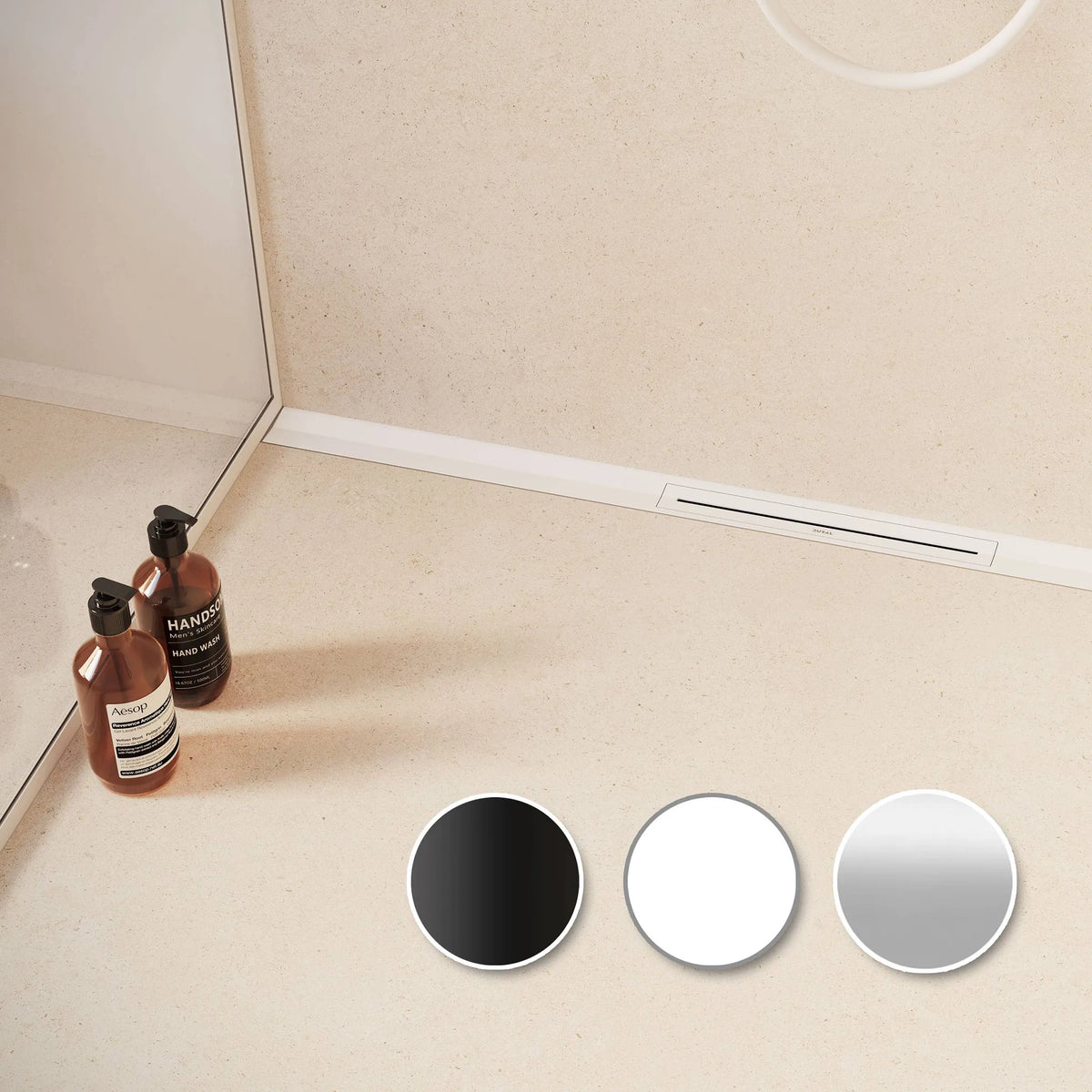 Image d'ambiance du kit complet de caniveau de douche raccourcissable pour raccordement mural avec grille blanche #A0005337
#A0005340
#A0005343
#A0005346
#A0005349
#A0005352