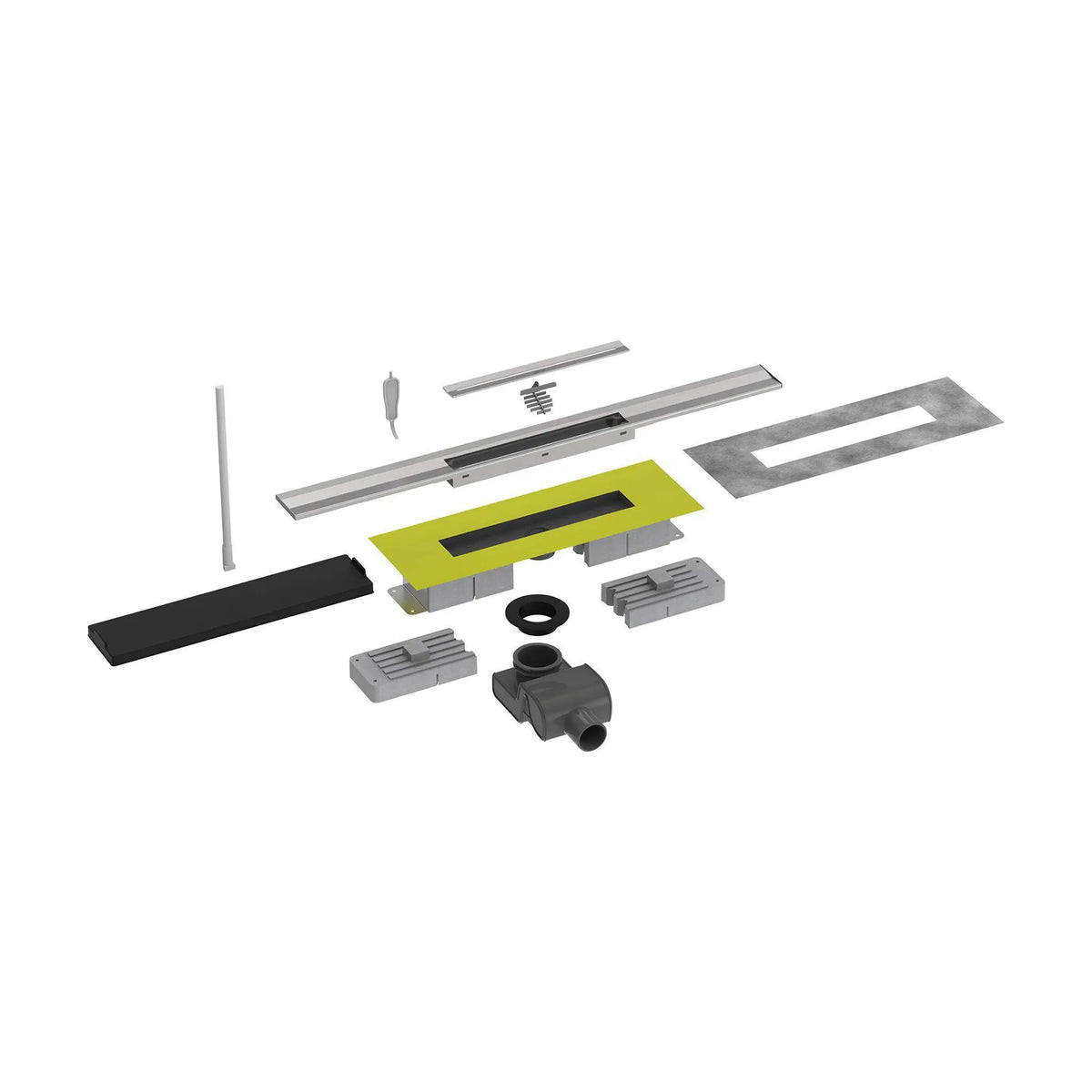 Kit complet de caniveau de douche raccourcissable pour raccordement mural avec grille brossée et 101 mm de hauteur d'encastrement en pièces détachées. #A0005338
#A0005344
#A0005350