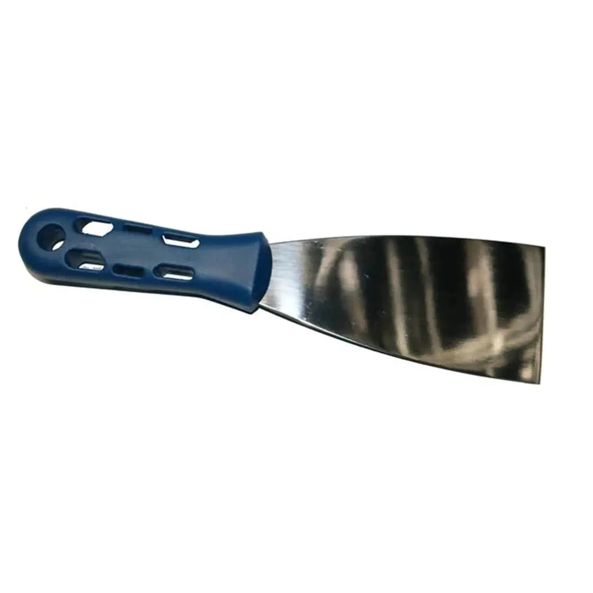 Detailed view of the painter's spatula with bluen plastic handle