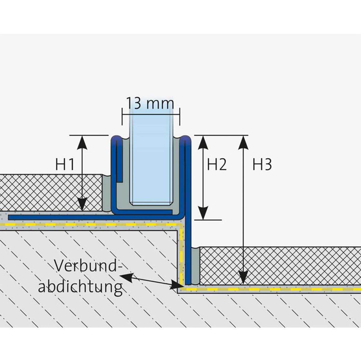 Bemaßte zweidimensionale Zeichnung DURAL Gefällekeil Glasaufnahme links. Breite Glasfassung: 13 mm, eingezeichnete H1 - H3 #A0002772 #A0002774 #A0002776 #A0002905