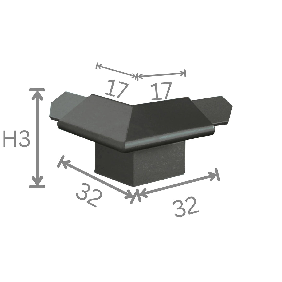 Bemaßte Frontansicht schwarze Außenecke für Balkonwinkelprofil mit Tropfkante. 18 mm Blendenhöhe #A0003300