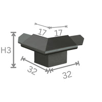 Bemaßte Frontansicht schwarze Außenecke für Balkonwinkelprofil mit Tropfkante. 18 mm Blendenhöhe #A0003300