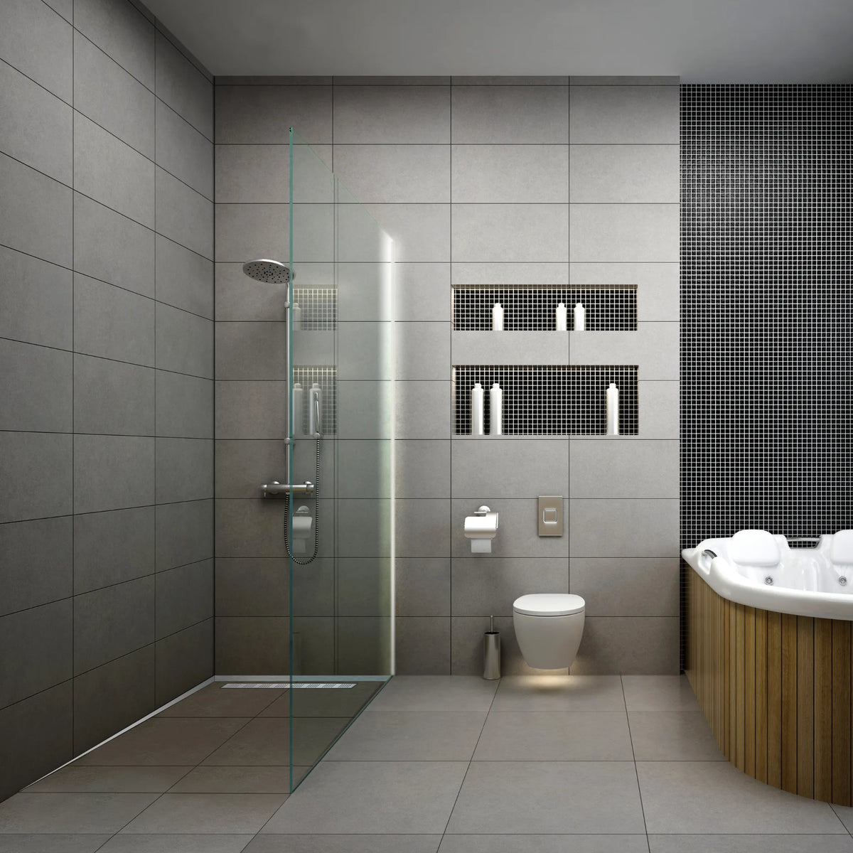 Ambientebild eines Badezimmers mit bodengleicher Dusche und eingebauten Wandnischen. Das Badezimmer ist modern gehalten und mit grauen Fliesen ausgestattet #A0004997 #A0004998 #A0004999 #A0005000 #A0005001 #A0005002 #A0005003
