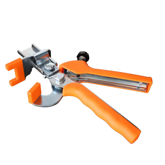 Detailaufnahme der Nivellierzange mit orangenem Griff und Stellschraube