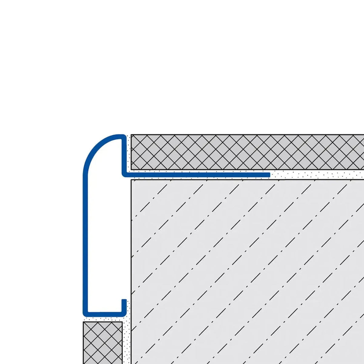Zweidimensionale Zeichnung eines verbauten Arbeitsplattenprofils unter einer Fliese