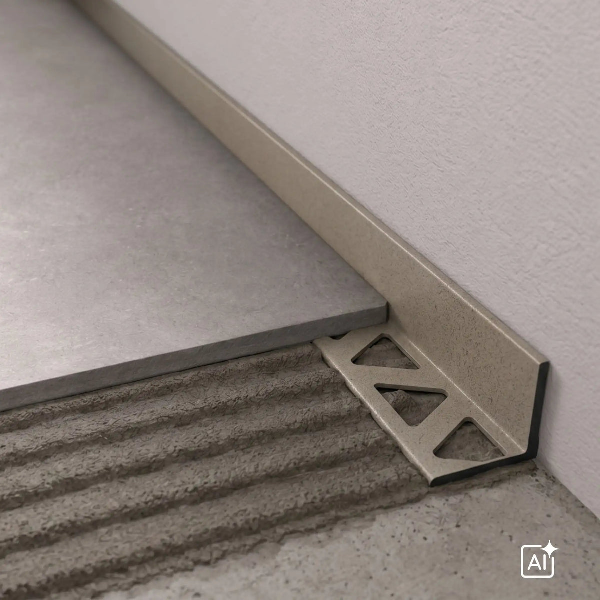Ambientebild Aluminium Winkelprofil in der Farbe Granit an grauen Fliesen verlegt #A0005596 A0005594 #A0005595 #A0005597 #A0005598