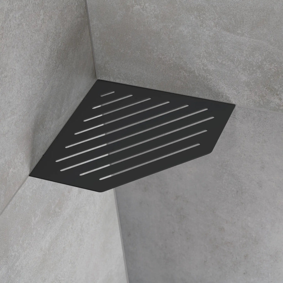 Ambientebild schwarze  fünfeckige Duschablage in einer Ecke eingebaut
#A0004292