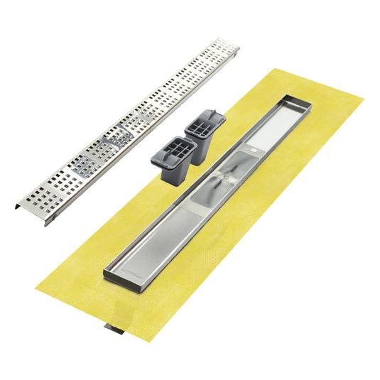 Detailansicht der flachen Duschrinne von Dural mit gelbem Abdichtflansch und Square-Rostabdeckung