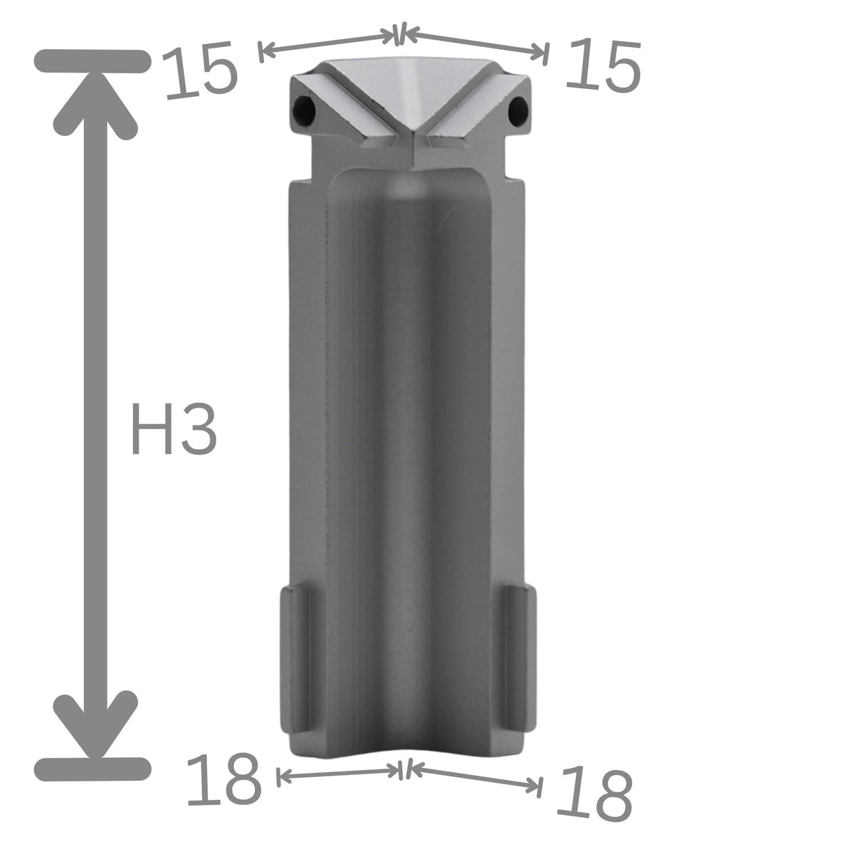 Bemaßte Nahaufnahme der silber eloxierten Innenecke Balkonwinkelprofil Tropfkante mit 60 mm Blende #A0003311 #FR0003311
