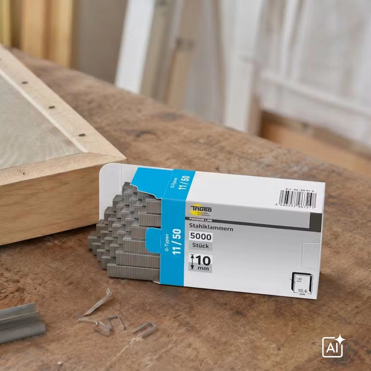 Ambientebild Stahlklammern für Hammertacker liegen auf einem Holztisch #A0005626