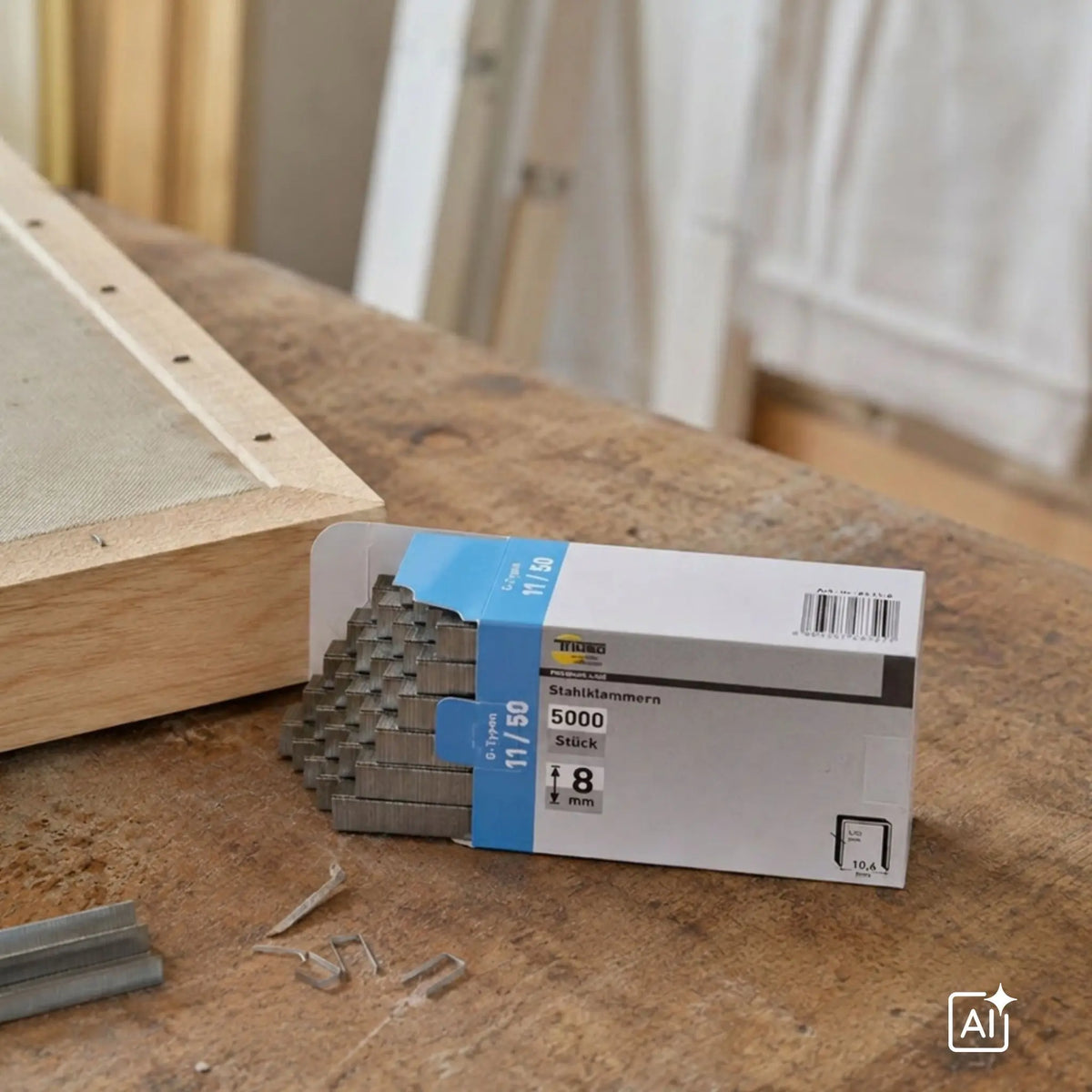 Ambientebild Stahlklammern für Hammertacker liegen auf einem Holztisch #A0005625