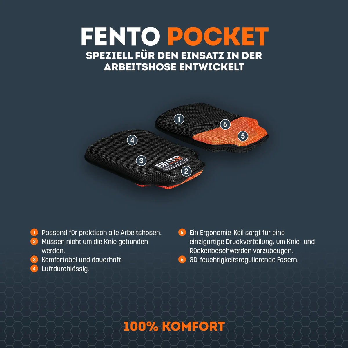Avantages du Fento Pocket : compatible avec tous les pantalons de travail, ergonomique, fibres régulatrices d'humidité, perméable à l'air.