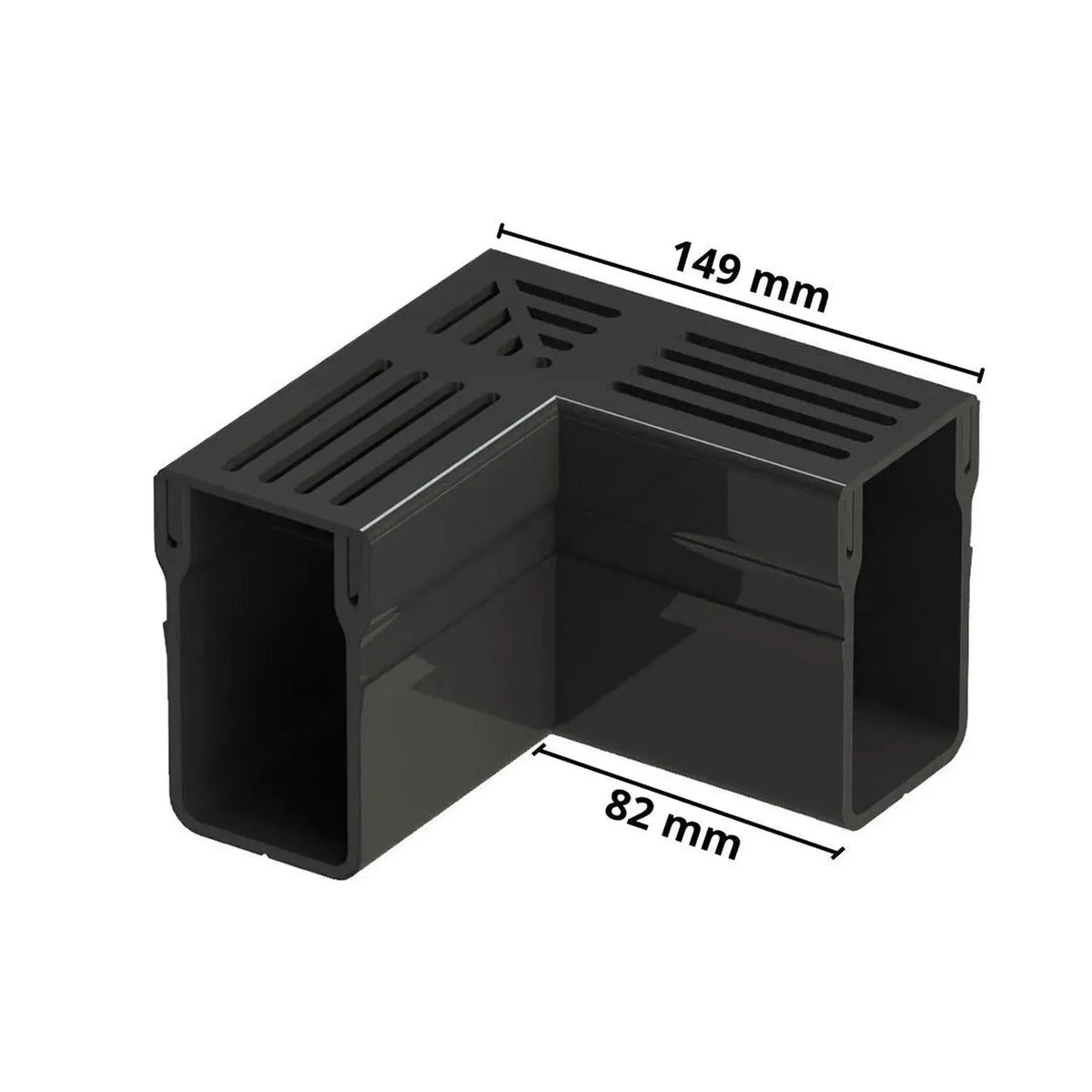 Photo cotée de la pièce d'angle UDP 65 avec grille noire. Bord extérieur 149 mm, bord intérieur 82 mm
#FR0003402