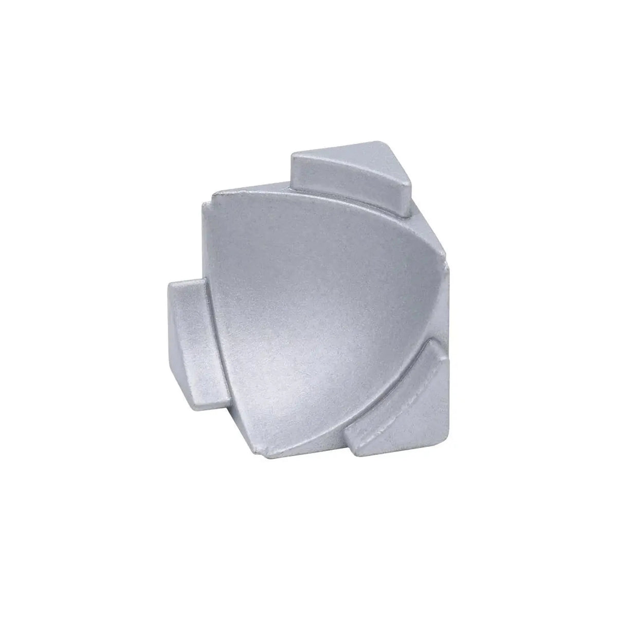 Vue détaillée de l'angle intérieur tridimensionnel pour le profilé de raccordement mural COVE en argent avec trois goupilles de fixation #FR0002910
