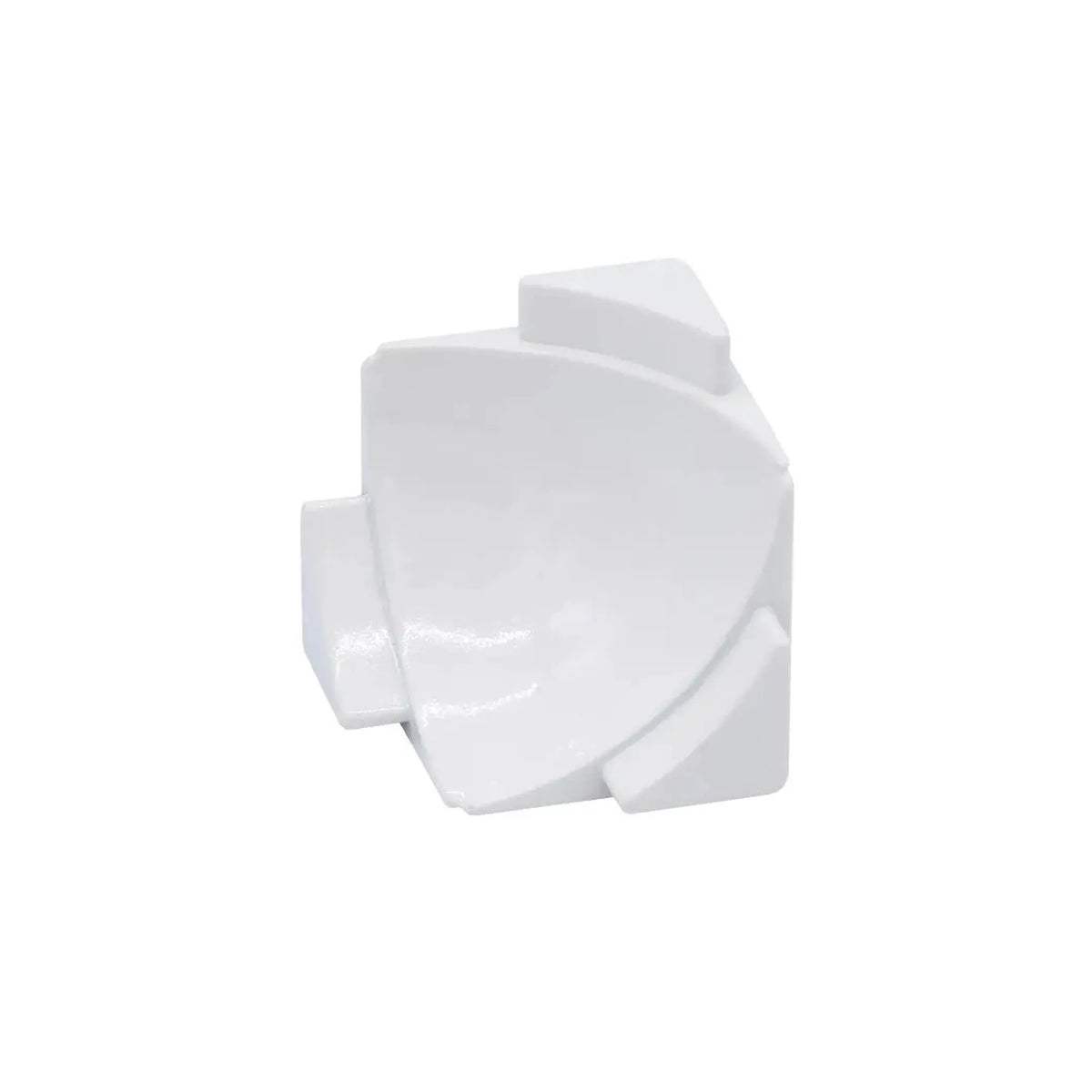 Vue détaillée de l'angle intérieur tridimensionnel pour le profilé de raccordement mural COVE en blanc avec trois goupilles de fixation #FR0002915