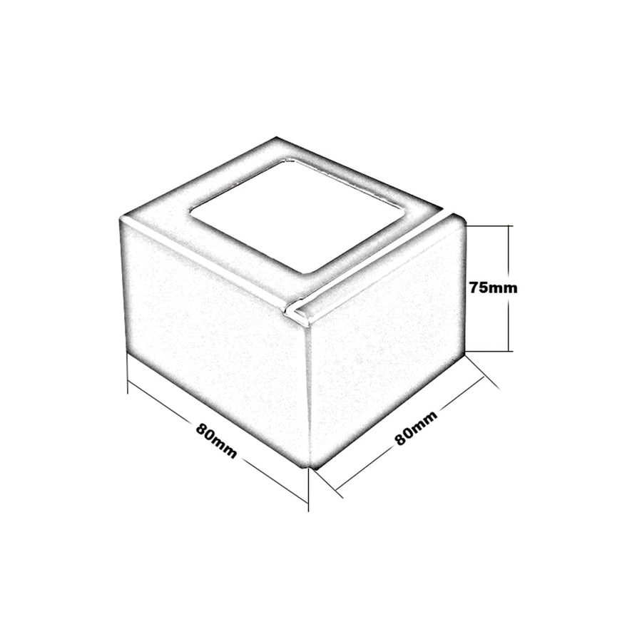 Dessin technique de la pièce d'angle profilé de balcon en L. 80 mm de largeur, 80 mm de longueur, 75 mm de hauteur #FR0003414
#FR0003423
