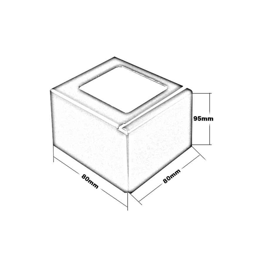 Dessin technique de la pièce d'angle profilé de balcon en L. 80 mm de largeur, 80 mm de longueur, 95 mm de hauteur #FR0003416
#FR0003425
