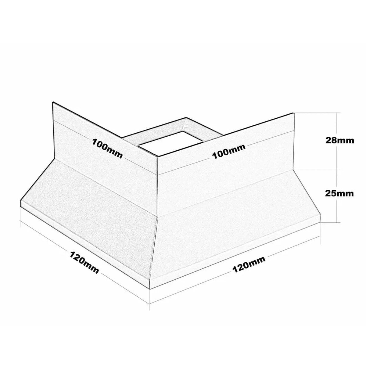 Dessin technique de la pièce d'angle profilé de balcon en forme de Y. 120 mm de largeur en bas, 120 mm de longueur en bas, 100 mm de largeur en haut, 100 mm de longueur en haut, 53 mm de hauteur #FR0001312
#FR0003429