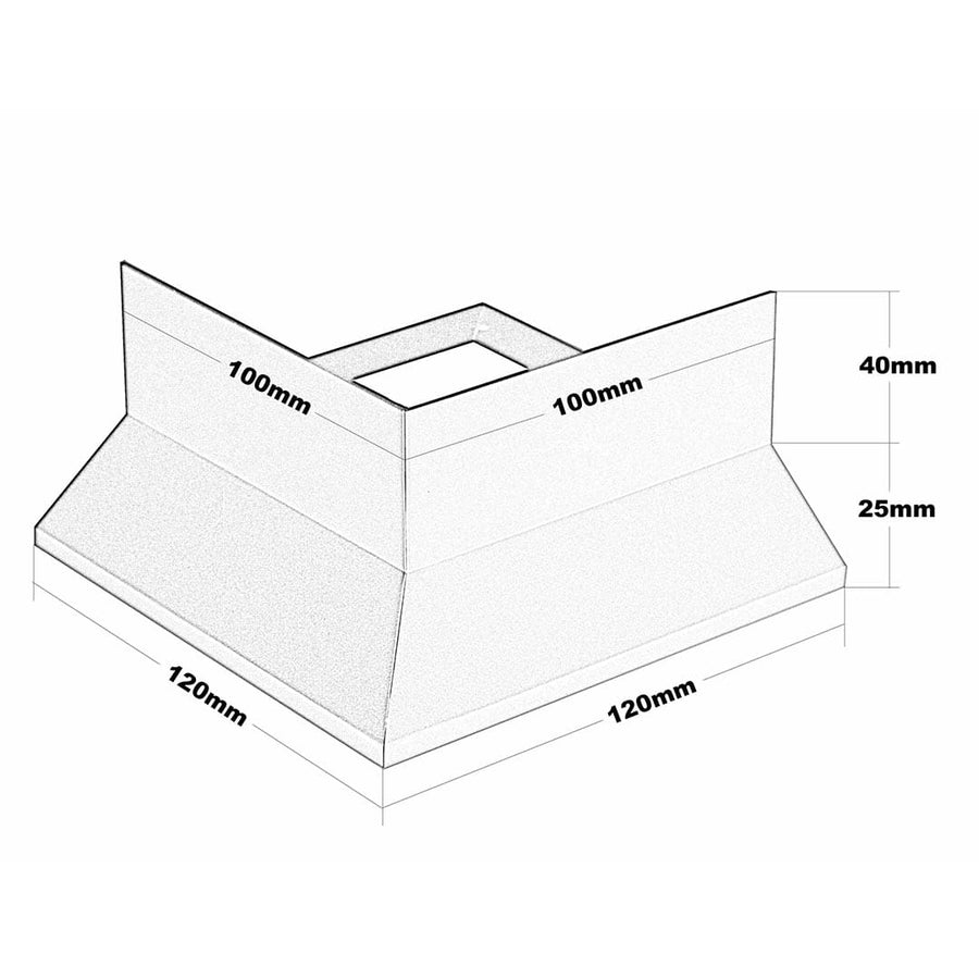 Dessin technique de la pièce d'angle profilé de balcon en forme de Y. 120 mm de largeur en bas, 120 mm de longueur en bas, 100 mm de largeur en haut, 100 mm de longueur en haut, 65 mm de hauteur #FR0001316
#FR0003437
