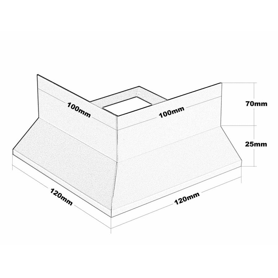 Dessin technique de la pièce d'angle profilé de balcon en forme de Y. 120 mm de largeur en bas, 120 mm de longueur en bas, 100 mm de largeur en haut, 100 mm de longueur en haut, 95 mm de hauteur #FR0001318
#FR0003430
