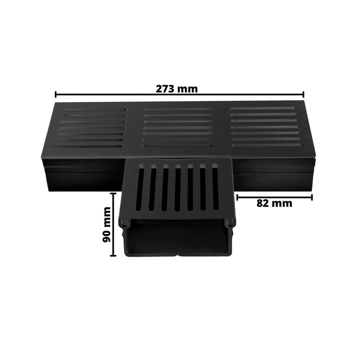 Pièce en T cotée UD Pro 100 noir. Largeur côté : 273 mm, intérieur : 82 mm, entretoise : 90 mm 
#FR0003390