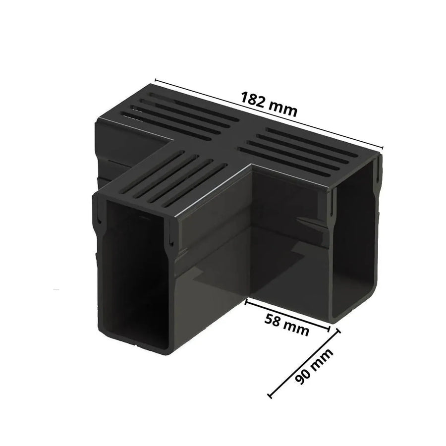 Pièce en T cotée UD Pro 65 noir. Largeur côté : 182 mm, intérieur : 58 mm, entretoise : 90 mm 
#FR0003401
