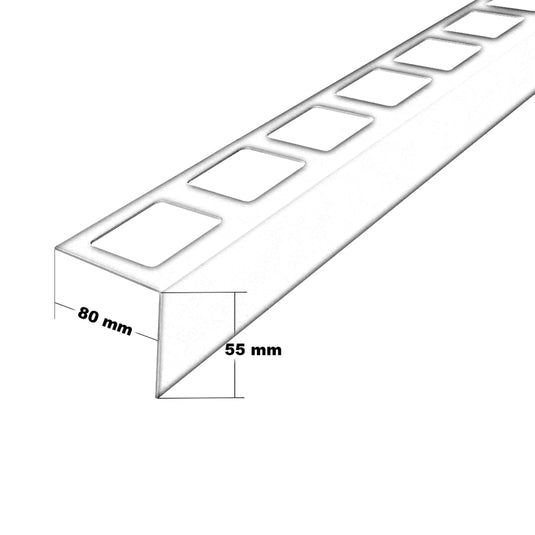 Dessin du profilé de balcon en L avec une aile de 80mm et une hauteur de façade de 55mm #FR0004278
#FR0004279 #FR0001263

