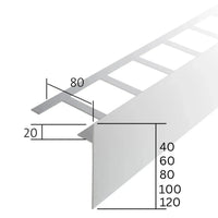 Dessin coté du profilé angulaire de balcon en forme de T avec aile perforée et bandeau de 40 à 120 mm de hauteur