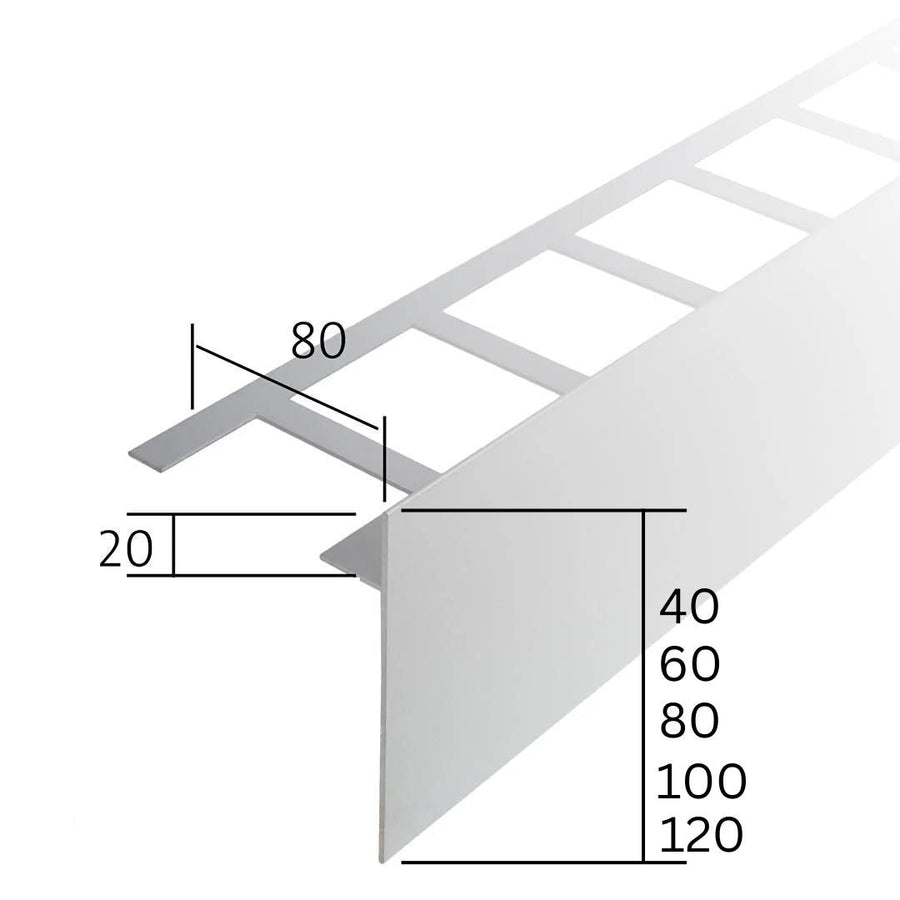 Dessin coté du profilé angulaire de balcon en forme de T avec aile perforée et bandeau de 40 à 120 mm de hauteur