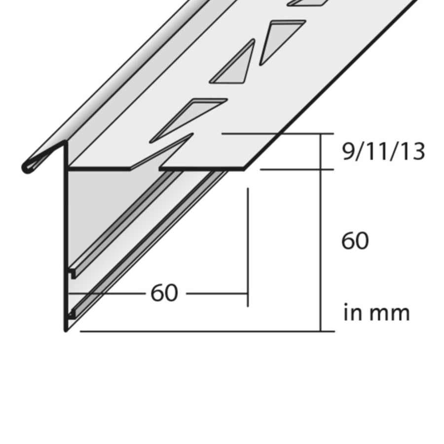 Dessin coté du profilé angulaire de balcon avec larmier et aile perforée ainsi que grand cache à l'avant #FR0003304
#FR0003305
#FR0003307
#FR0003319
#FR0003322
#FR0003325
