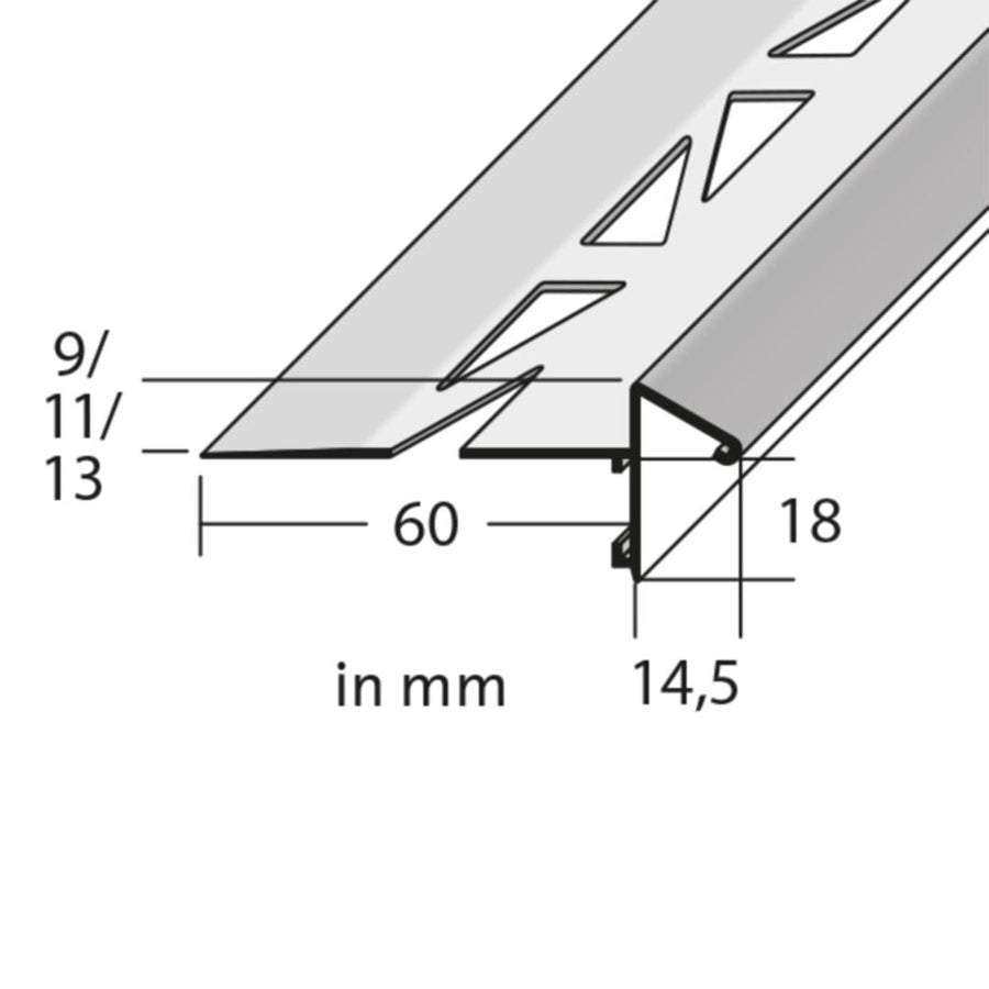 Dessin coté du profilé angulaire de balcon avec larmier et aile perforée ainsi que petit cache à l'avant #FR0003299
#FR0003303
#FR0003306
#FR0003318
#FR0003321
#FR0003324