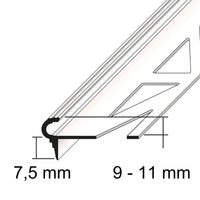 Dessin en noir et blanc du profilé d'escalier florentin en aluminium avec les dimensions. Couverture vers le bas 7,5 mm, hauteur de la protection de bord 9 à 11 mm