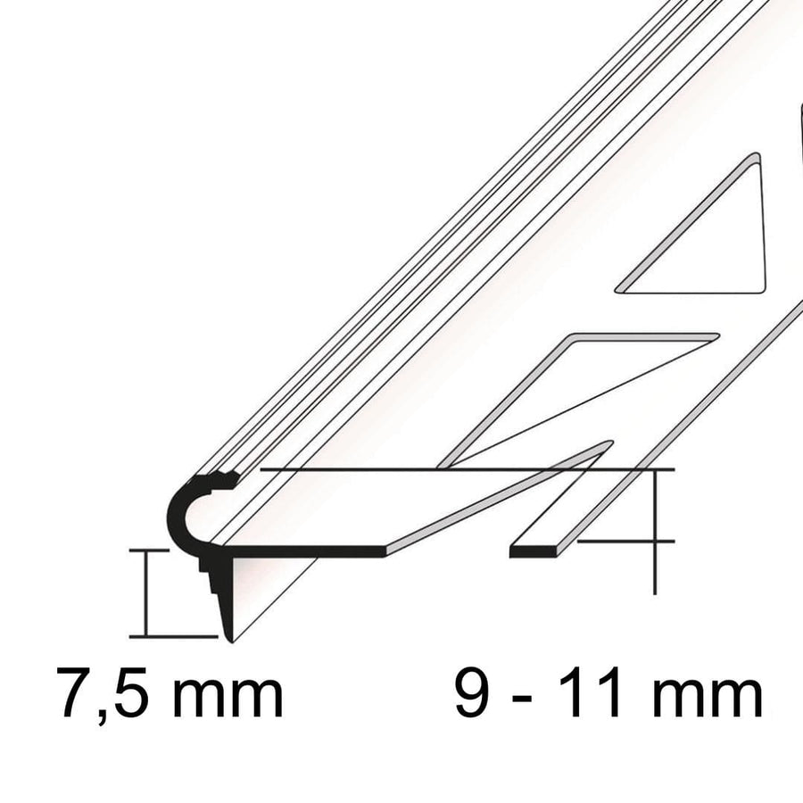 Dessin en noir et blanc du profilé d'escalier florentin en aluminium avec les dimensions. Couverture vers le bas 7,5 mm, hauteur de la protection de bord 9 à 11 mm