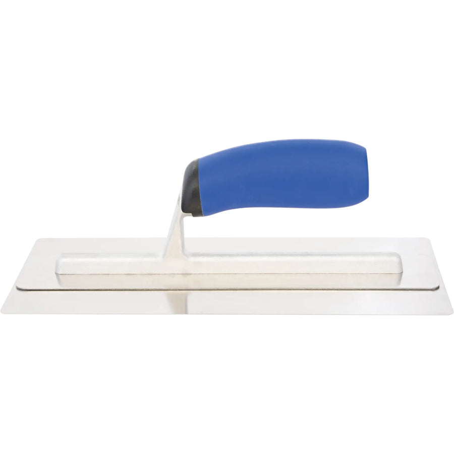 Triuso Doppelblatt-Glättekelle mit blauem Softgriff und verstärker Halterung von der Seite