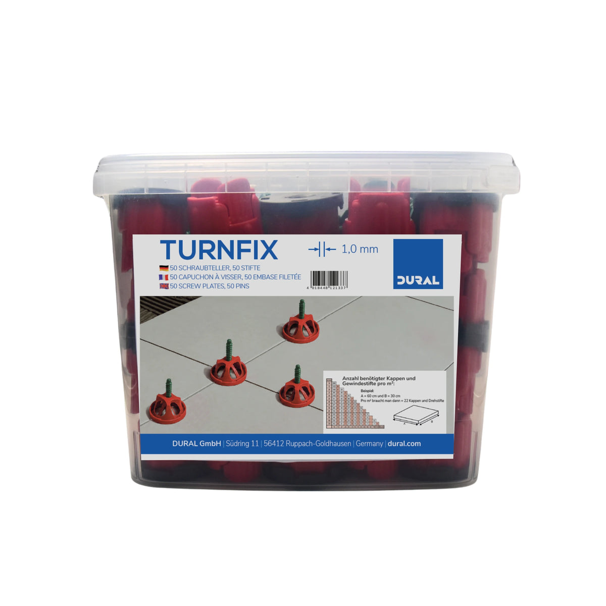 Plastikeimer des DURAL Turnfix Sets mit weißen Schraubstiften und roten Zughauben. Vor dem Eimer liegen zwei Zughauben mit Schraubstiften