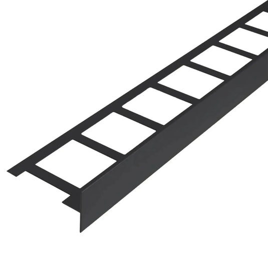Detailed view of the anthracite-coated T-shaped balcony tile edge trim with 40 mm panel height #A0003226