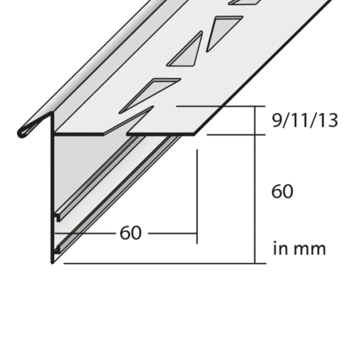 Technische Zeichnung mit bemaßten Balkonwinkelprofil mit Tropfkante, Blendenhöhe 60 mm #A0003319 #A0003322 #A0003325 #A0003304 #A0003305 #A0003307