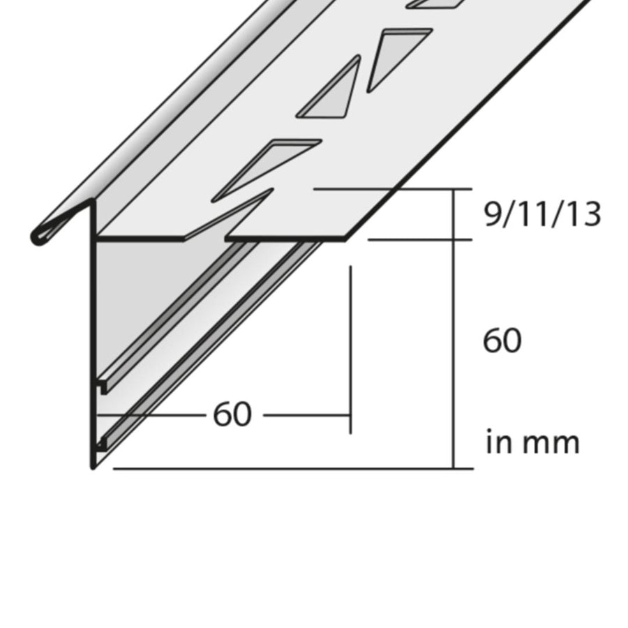 Technische Zeichnung mit bemaßten Balkonwinkelprofil mit Tropfkante, Blendenhöhe 60 mm  #A0003304 #A0003305 #A0003307 #A0003319 #A0003322 #A0003325