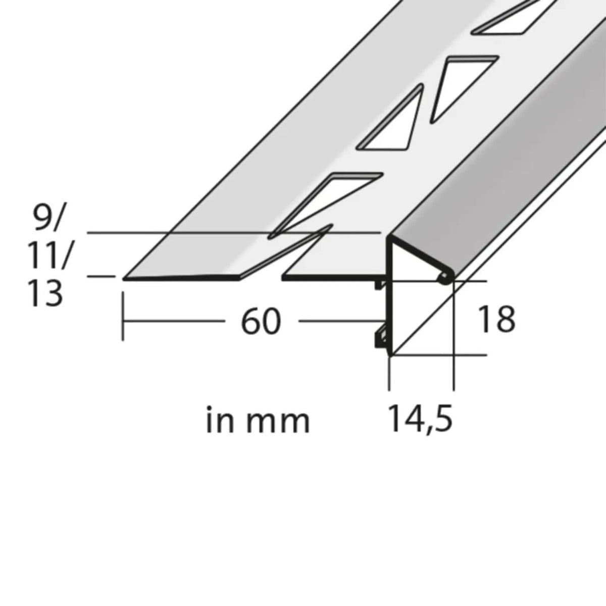 Technische Zeichnung mit bemaßten Balkonwinkelprofil mit Tropfkante, Blendenhöhe 18 mm #A0003318 #A0003321 #A0003324 #A0003299 #A0003303 #A0003306