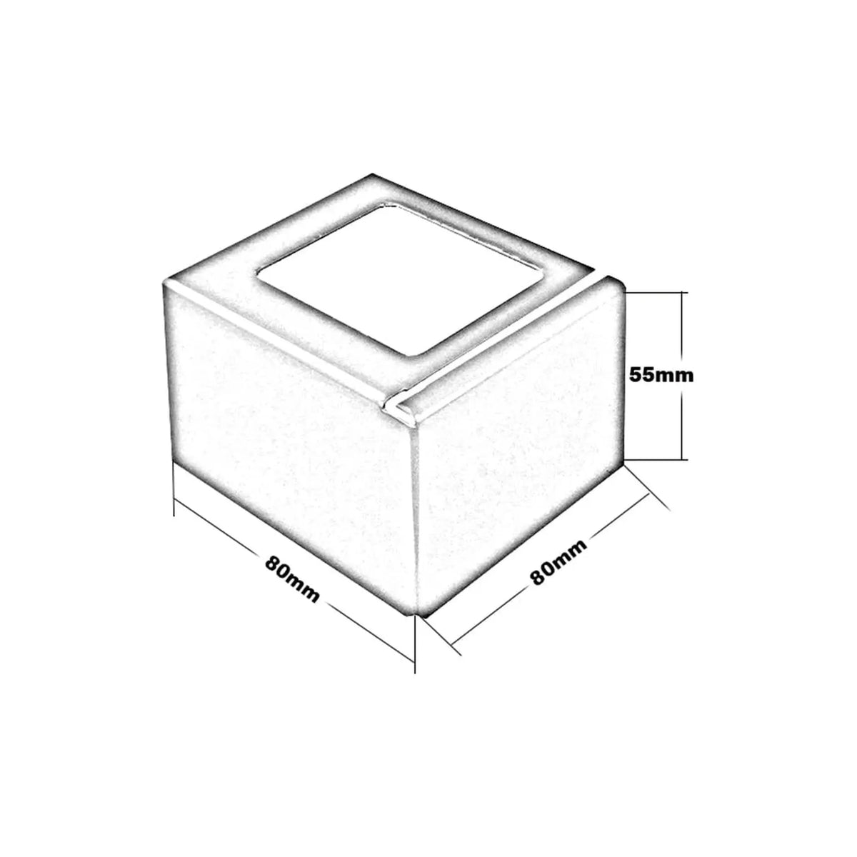Technische Zeichnung des Eckstücks Balkonprofil L-Form. 80 mm Breite, 80 mm Länge, 55 mm Höhe #A0003421 #A0003412